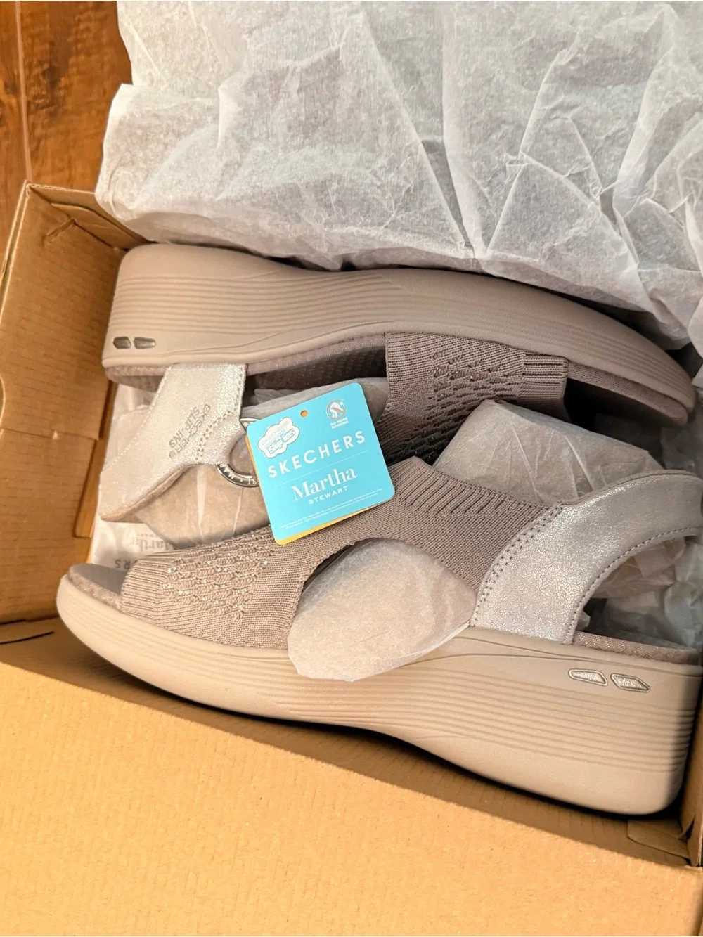 NWT Martha Stewart for Skechers Women’s Knit Slip-On Wedge Sandals - Taupe